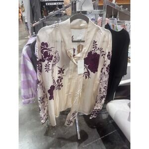 Johnny Was Jade Jornada Bow Silk Blouse XL vory Purple Floral Bird Tie Neck NW